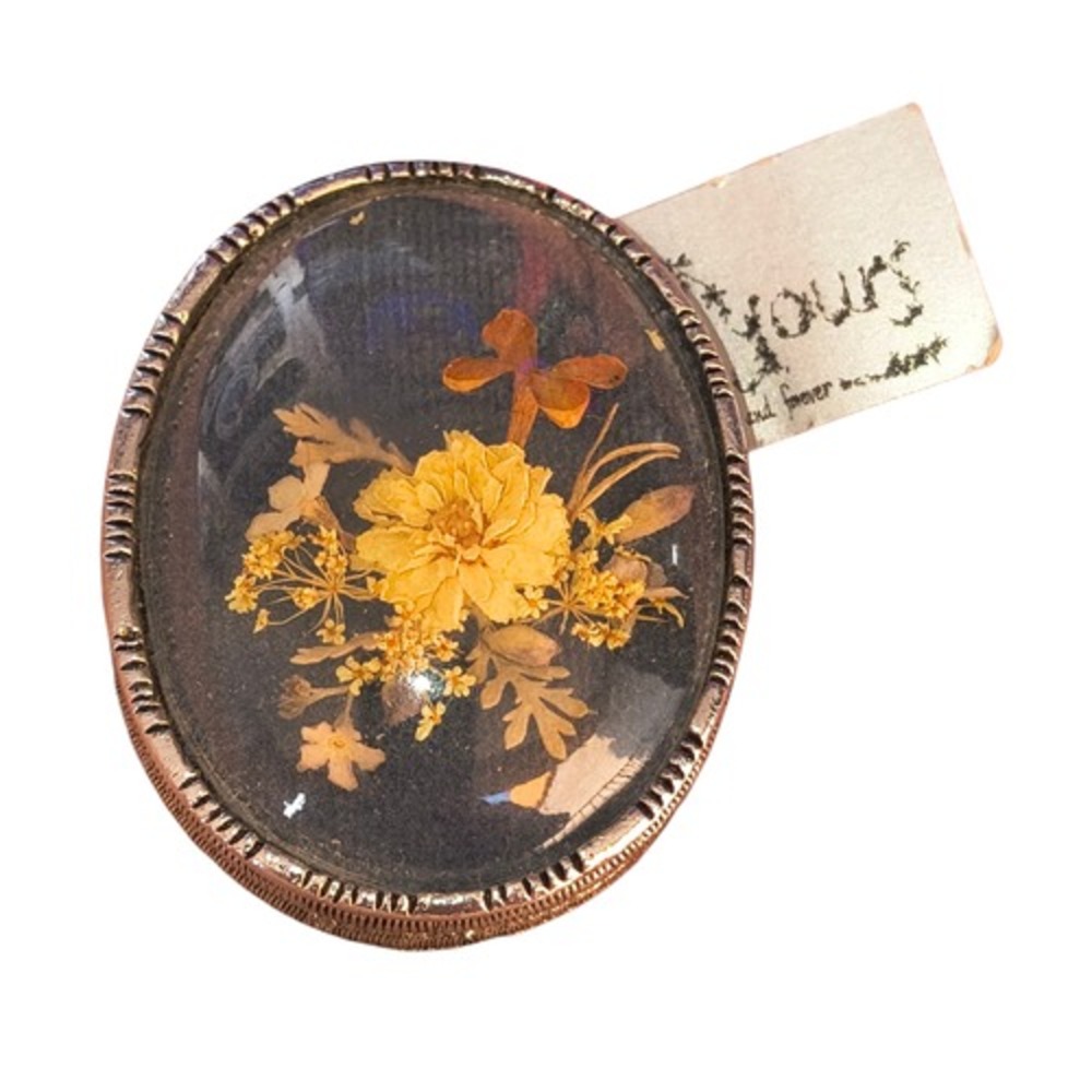 Vintage Oval Preserved Dried Flowers Black Silver Tone Brooch Pendant